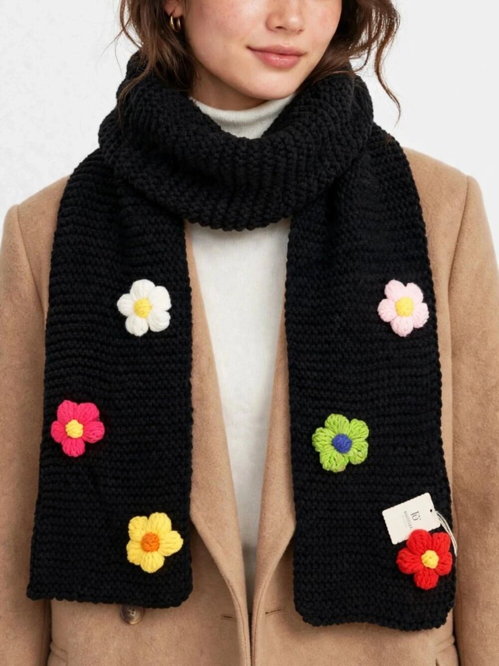 Fadivo New York Black Chunky Knit Scarf Floral Crochet Applique Accent NWT 70x8"